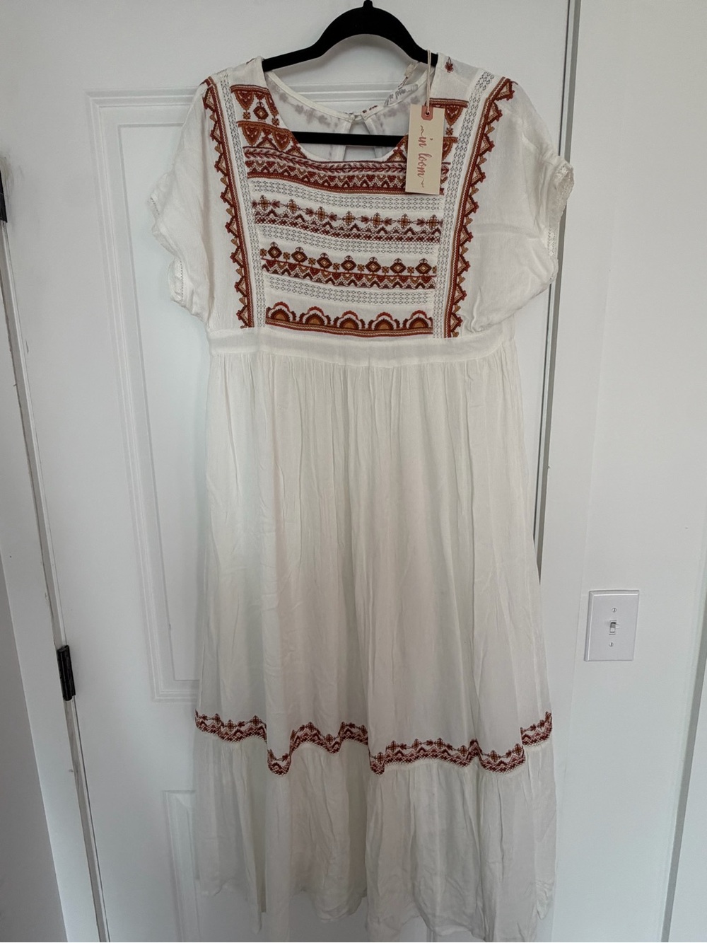White Embroidered Boho Dress with Rust Accents